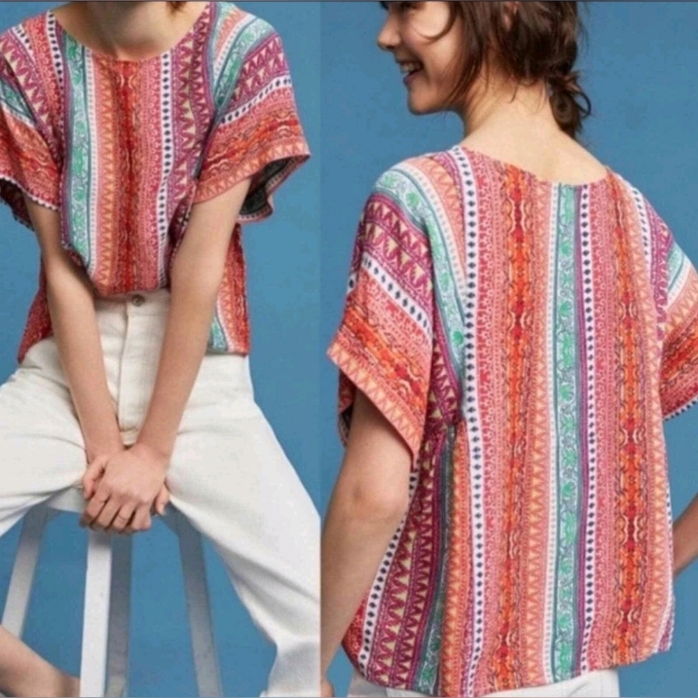 Maeve Anthropologie Milla Aztec Boho Print Top Women's Sz S Viscose Short Sleeve